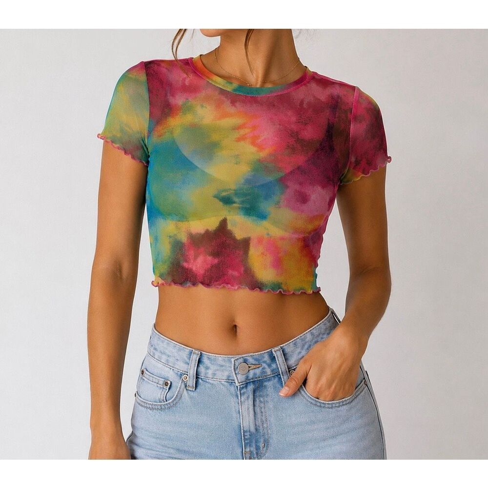 AFRM Tie Dye Mesh Crop Top XS Y2K Sheer Lettuce Hem NWT